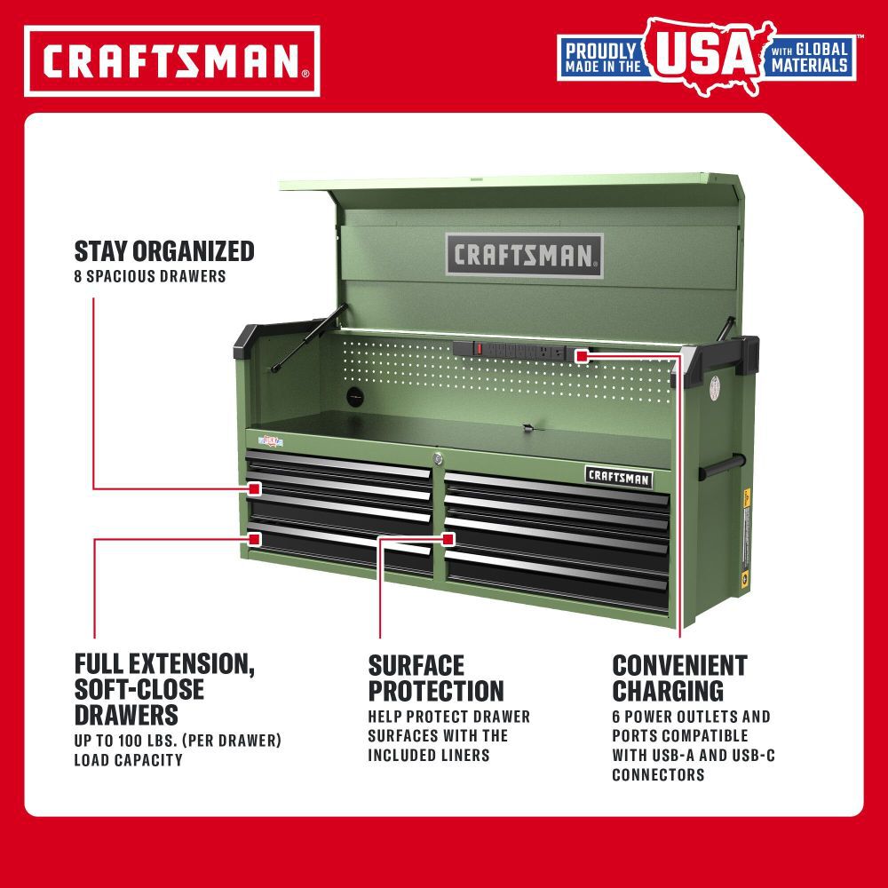 CRAFTSMAN S2000 52 Inch 8-Drawer Open Till Tool Chest Army Green, large image number 4