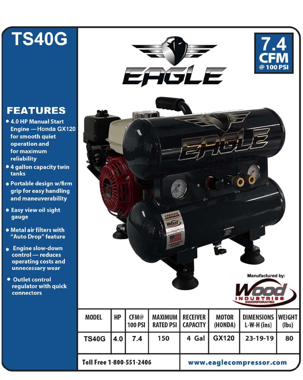 Eagle Compressor Portable Gas Twin Tanks Air Compressor 4 Gallon, large image number 2