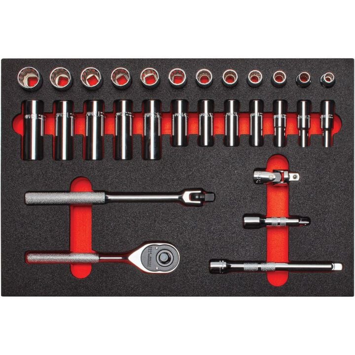 Proto 3/8in Drive 12pt Foamed Socket Set 29pc with Pear Head Ratchet