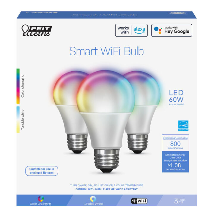 Feit Electric 60W A19 Alexa Google LED Smart WiFi Bulb 3pk, large image number 1