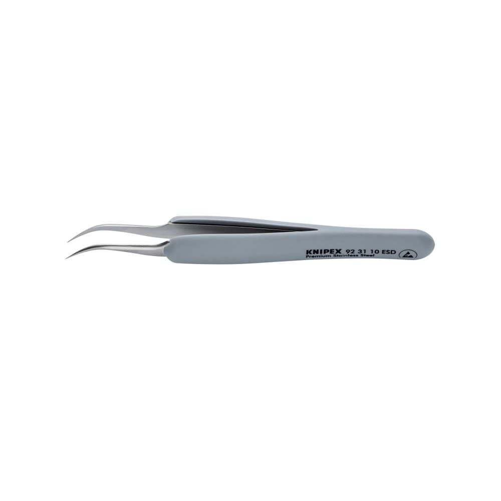 Knipex 5 Inch Stainless Steel Angled Needle Pointed Tip Precision Tweezer with ESD Handle – 92 31 10 ESD