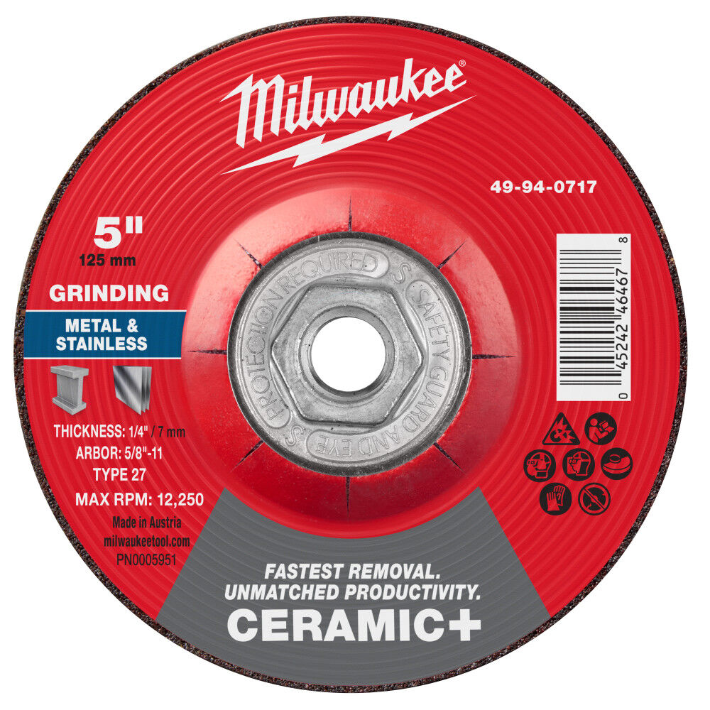 Milwaukee 5 Inch x 1/4 Inch x 5/8 Inch-11 Ceramic+ Metal Grinding Wheel Type 27, large image number 1