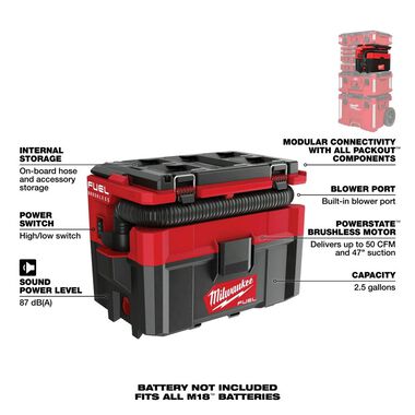 Milwaukee M18 FUEL PACKOUT 2.5 Gallon Wet/Dry Vacuum (Bare Tool), large image number 6