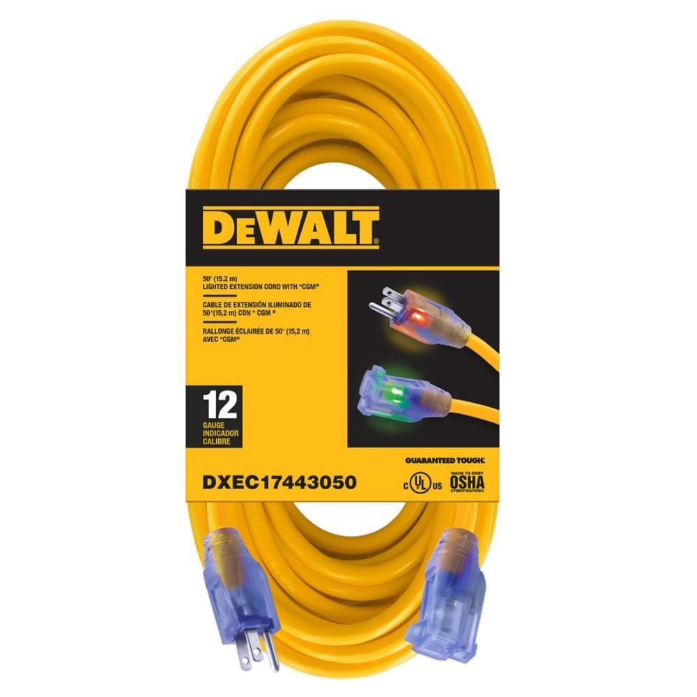 DEWALT 50' 12/3 SJTW Lighted Extension Cord Yellow, large image number 1