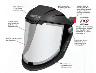 Jackson Safety Lightweight MAXVIEW Premium Face Shield with Ratcheting Headgear Clear Tint Uncoated Black, large image number 1