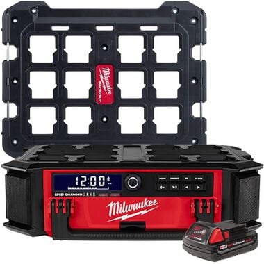 Milwaukee M18 PACKOUT Radio + Charger with M18 2.0Ah Battery and Mounting Plate Bundle