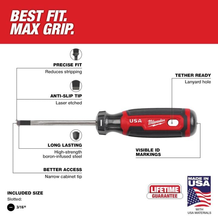 Milwaukee 3/16inch Cabinet 3inch Cushion Grip Screwdriver (USA), large image number 2