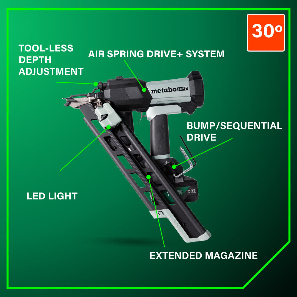 Metabo HPT Cordless Pneumatic 18V 30 Degree Paper Strip Framing Nailer Kit, large image number 5