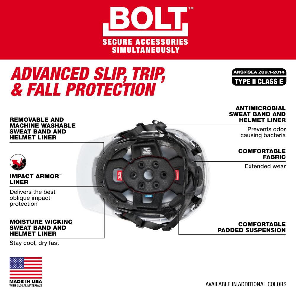 Milwaukee BOLT White Front Brim Safety Helmet with IMPACT ARMOR Liner Type 2 Class E & USB Cooling Fan Bundle, large image number 4