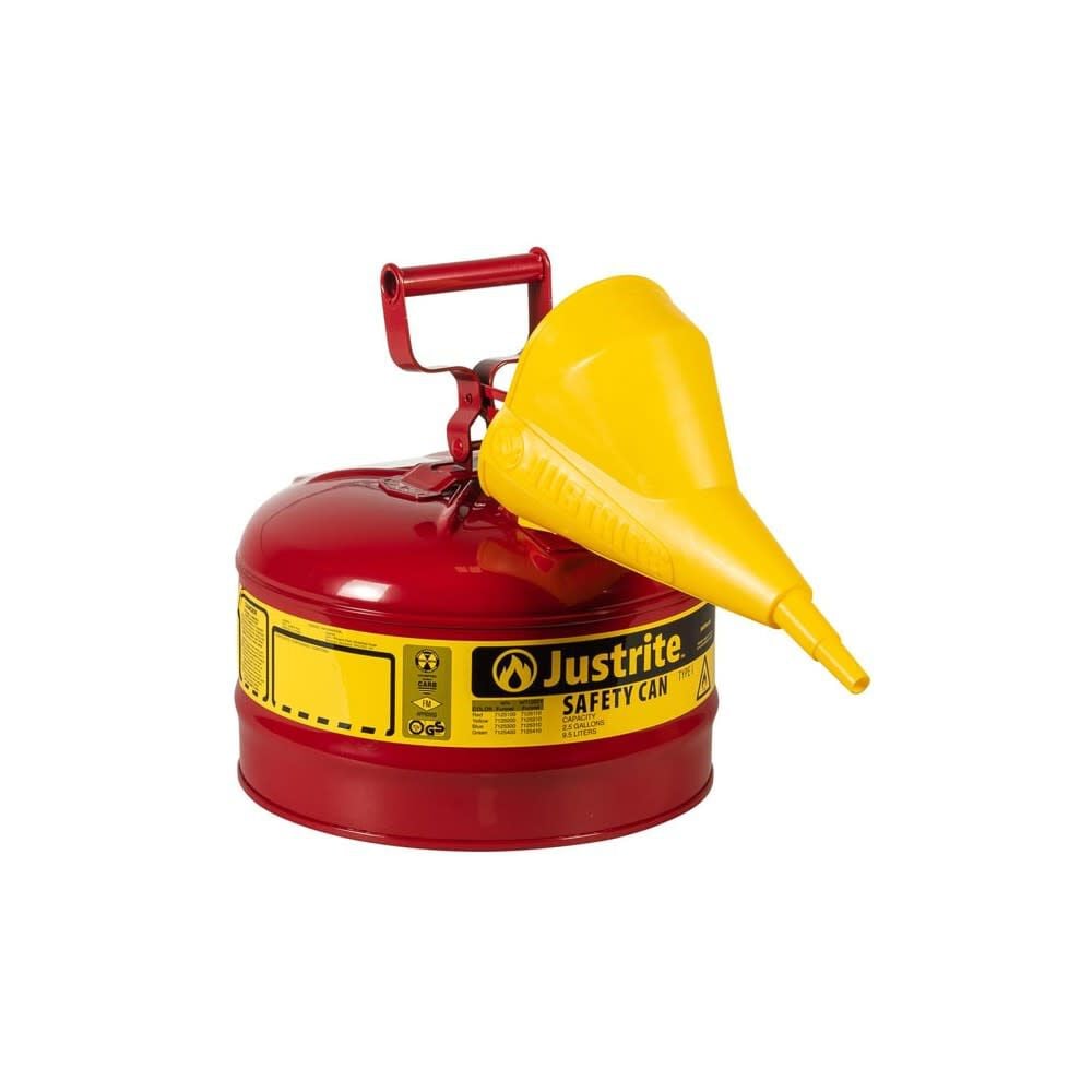 Justrite 2.5 Gal Steel Safety Red Gas Can Type I with Funnel – 7125110