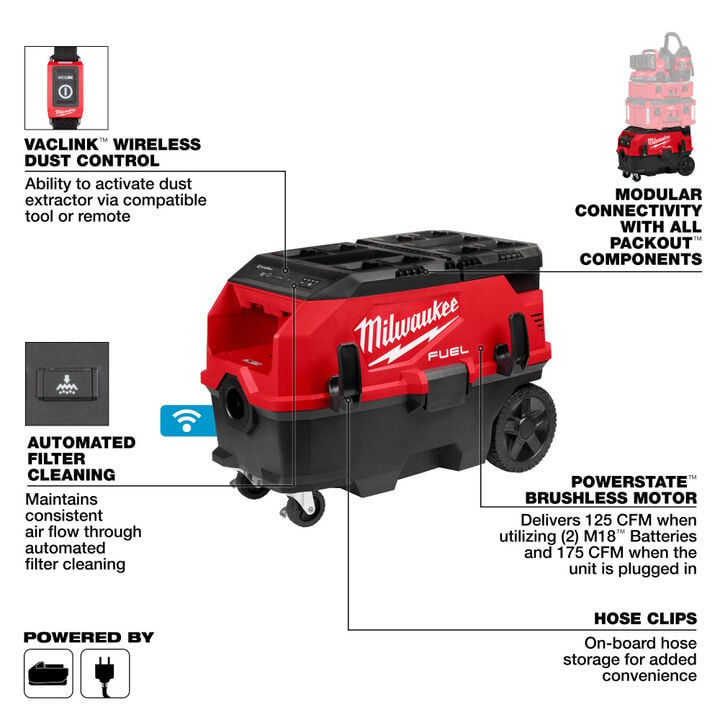 Milwaukee M18 FUEL 9 Gallon Dual Battery Dust Extractor w/ PACKOUT Compatibility and VACLINK, large image number 7