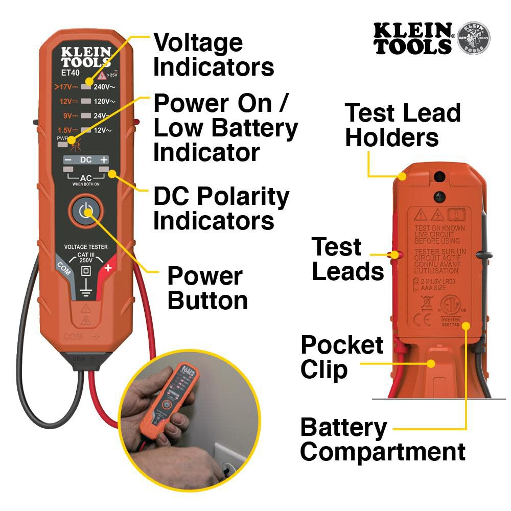 Klein Tools Electronic AC/DC Voltage Tester ET40 Acme Tools