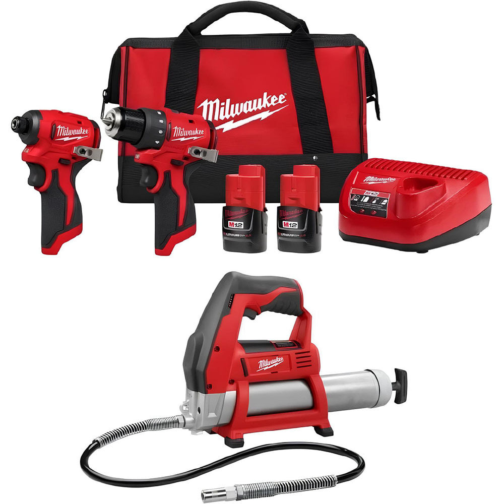 Milwaukee M12 Subcompact Brushless 2-Tool Combo Kit and Grease Gun Bundle, large image number 1