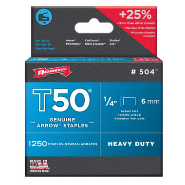 Arrow Fastener 1/4 Inch T50 Type Staples Box of 1250