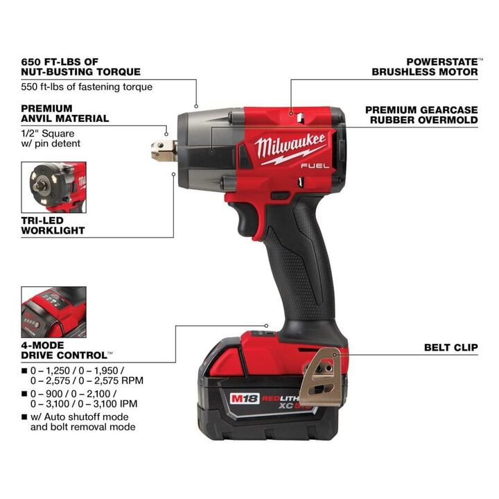 Milwaukee M18 FUEL 1/2 Inch Mid-Torque Impact Wrench with Pin Detent Kit & Protective Boot Bundle, large image number 3