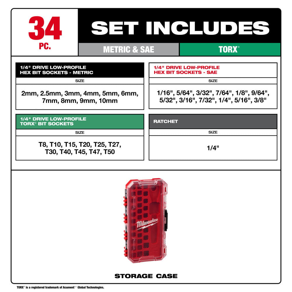 Milwaukee 1/4 Inch Drive Ratchet & Low-Profile Bit Socket Set, 34 Pieces, large image number 3