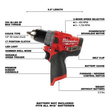 Milwaukee M12 FUEL 1/2 In. Hammer Drill (Bare Tool), large image number 6