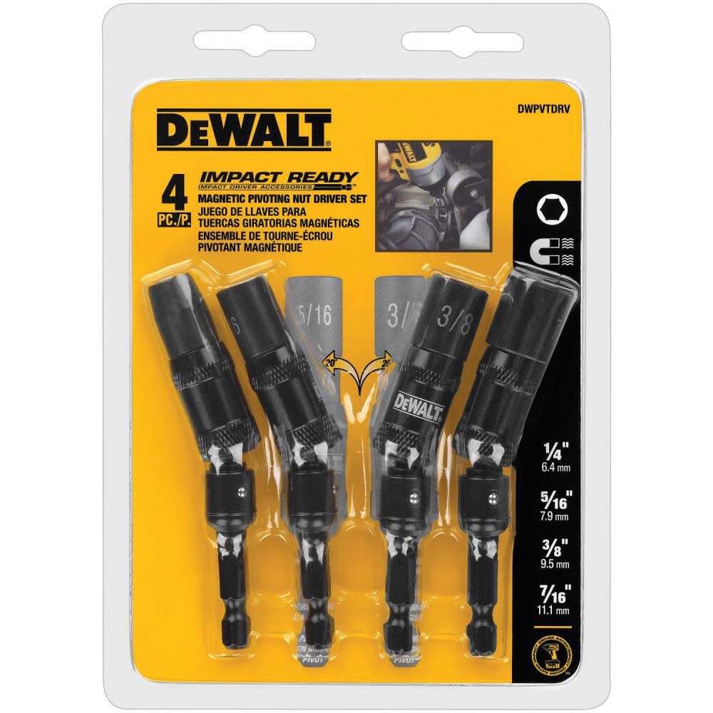 DEWALT 4PC Magnetic Pivoting Nut Driver Set 1 4in 5 16in 3 8in 7 16in DWPVTDRV Acme Tools