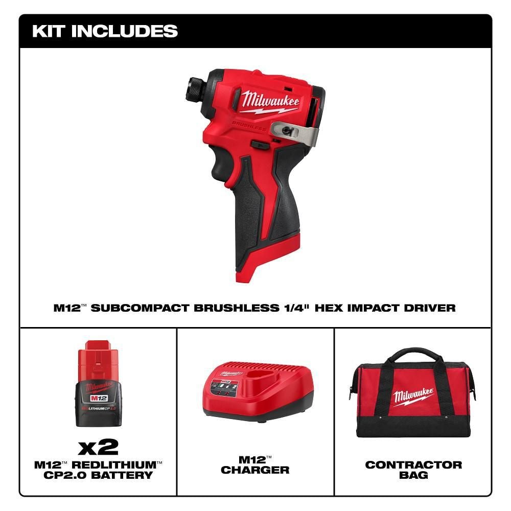Milwaukee M12 Subcompact Brushless 1/4 Inch Hex Impact Driver Kit, large image number 3