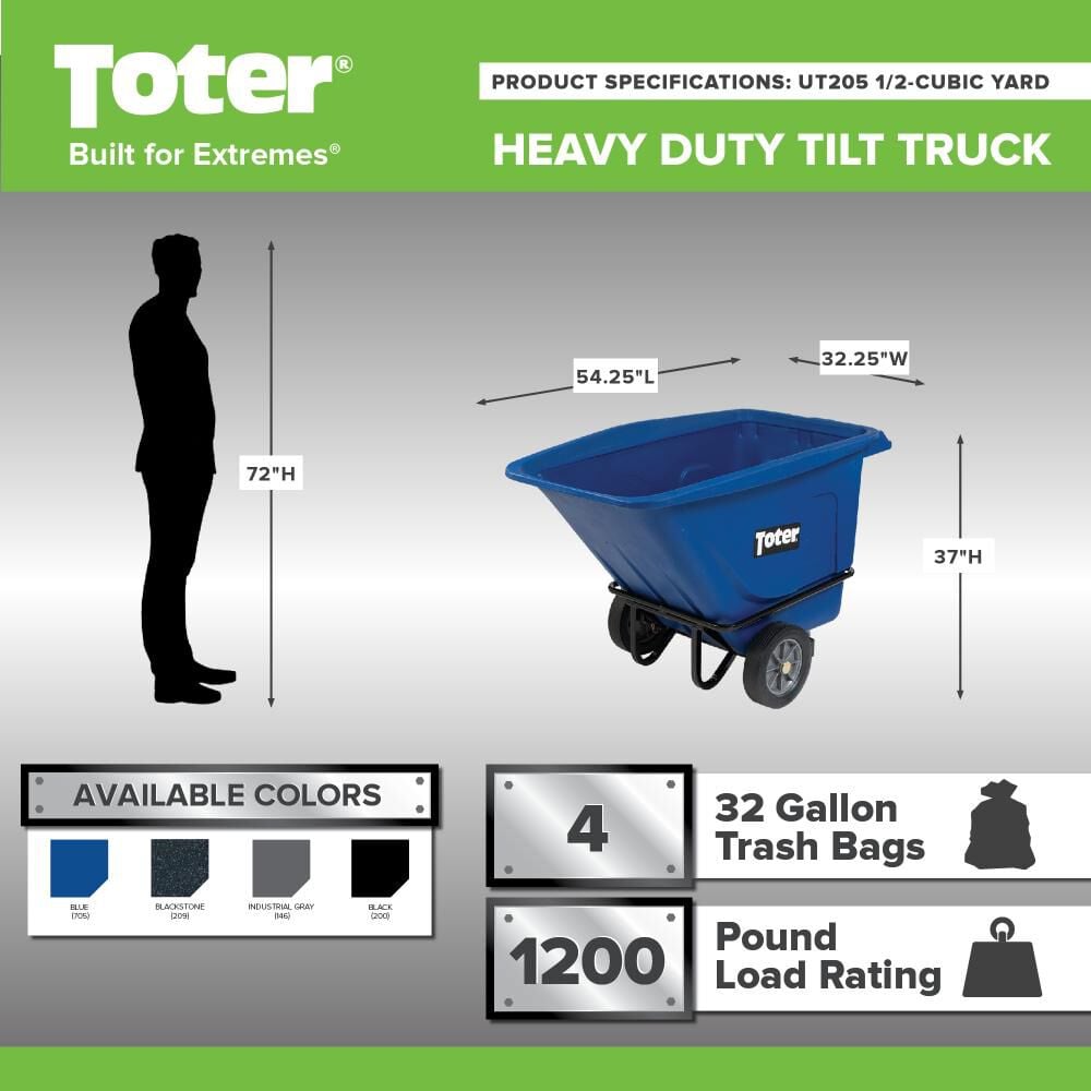 Toter 1/2 Cubic Yard 1200 lbs Capacity Heavy Duty Tilt Truck Gray, large image number 2