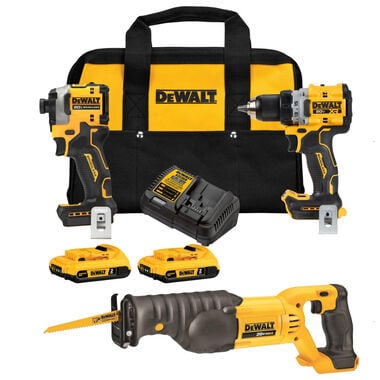DEWALT 20V 1/2in Drill/Driver, 1/4in Impact Driver & Reciprocating Saw Combo Kit Bundle