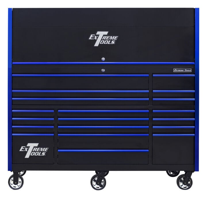 Extreme Tools RX Series 72 Inch W x 30 Inch D Professional Extreme Power Workstation Hutch & 19 Drawer Roller Cabinet 250 lbs Slides Combo Black with Blue Drawer Pulls
