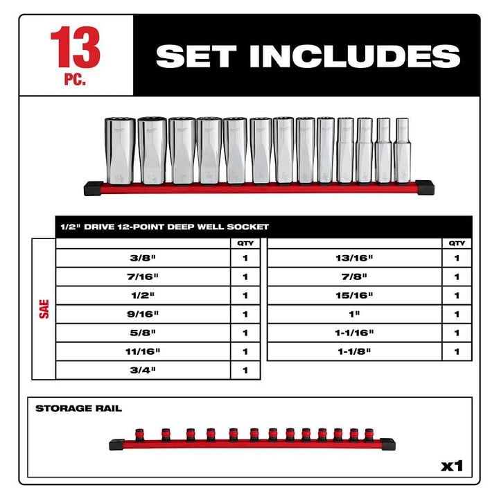 Milwaukee 1/2 Inch Deep 12 Point Socket Set, SAE, 13 Pieces, large image number 1