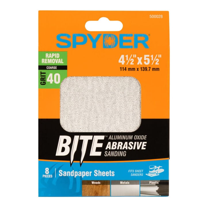 Spyder 8-Sheets Alum Oxide 40 Grit Sandpaper with Stearate, 4.5 x 5.5 Inch