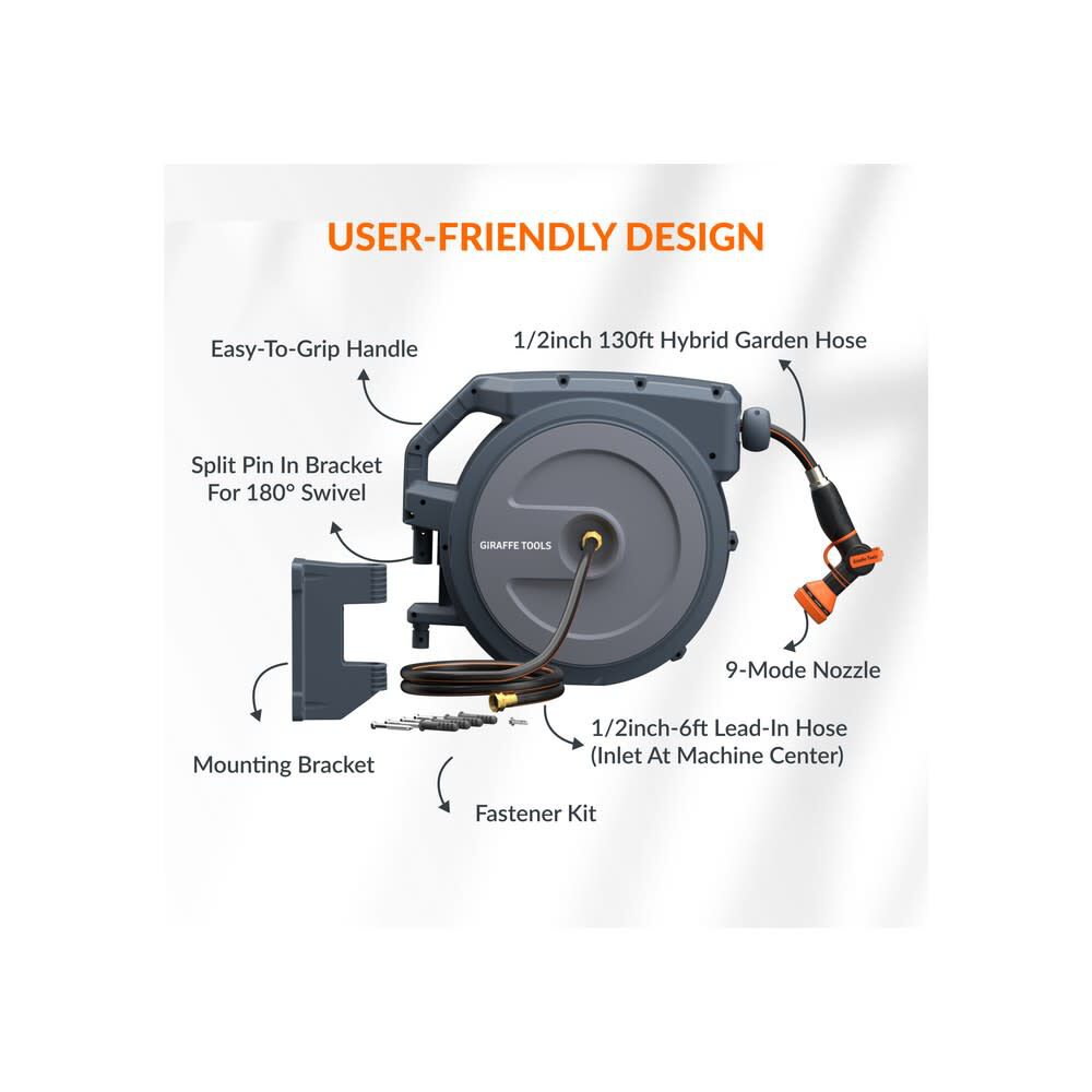Giraffe Tools 1/2 Inch x 130 Foot Dark Grey Garden Hose Reel with PP Bracket, large image number 8