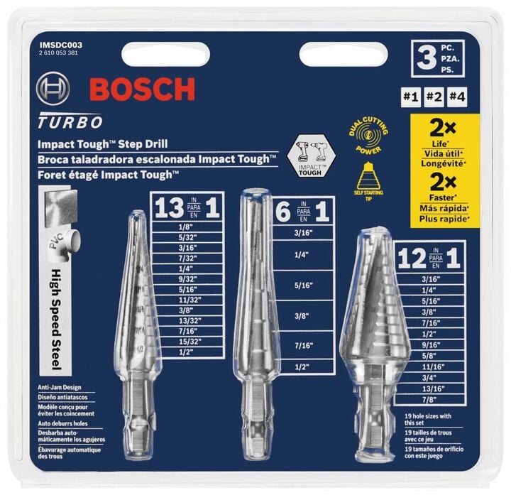 Bosch High Speed Steel Impact Tough Turbo Step Drill Bit Set 3pc, large image number 3