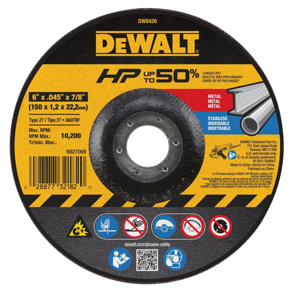 DEWALT Cutting Wheel 6in X .045in X 7/8in HP T27, large image number 1