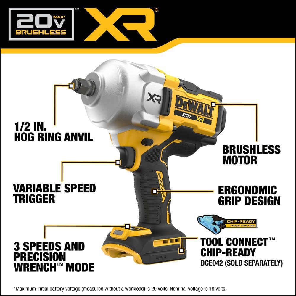 DEWALT 20V MAX XR 1/2 Inch Impact Wrench with Hog Ring (Bare Tool), large image number 2