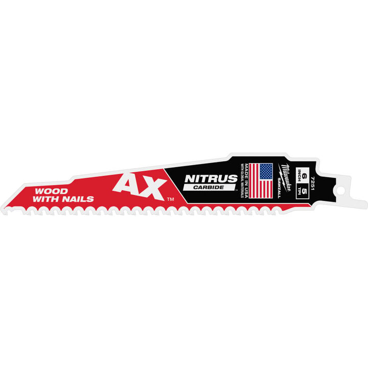 Milwaukee 6 Inch 5 TPI AX with NITRUS Carbide Teeth SAWZALL Blade for Wood with Nails