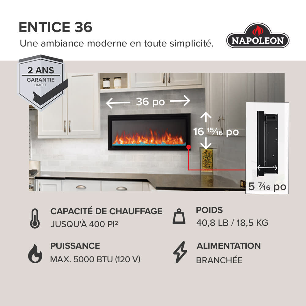 Napoleon Entice 36 Inch Black Single-Sided Wall-Hanging Electric Fireplace, large image number 3