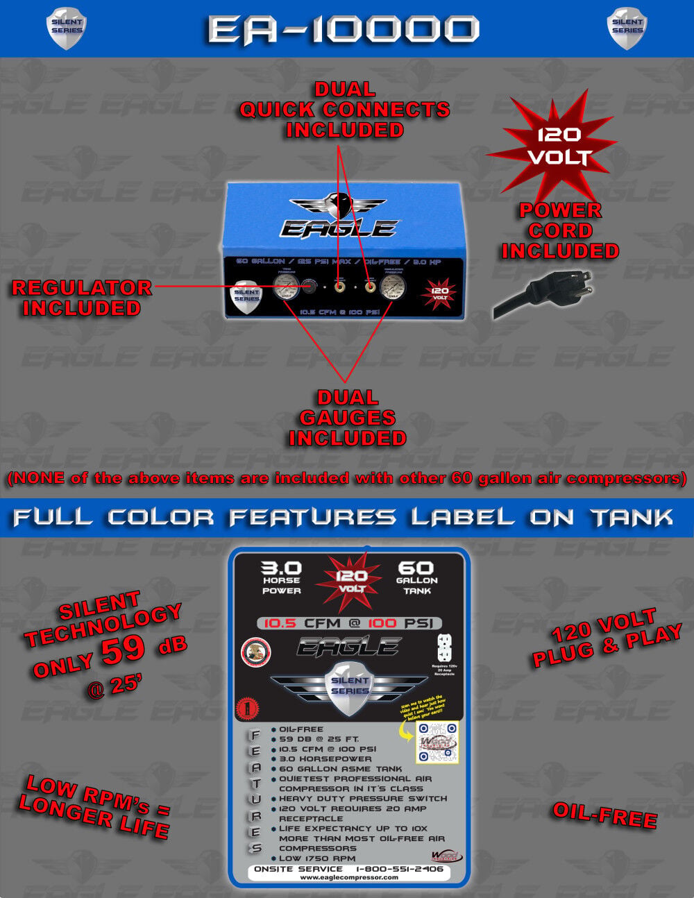 Eagle Compressor Silent Series Air Compressor 60 Gallon Electric Portable, large image number 9