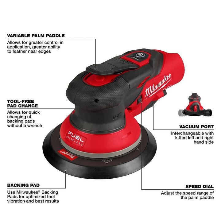 Milwaukee M12 FUEL 6 Inch Random Orbital Sander, 3/32 Inch (Bare Tool), large image number 3