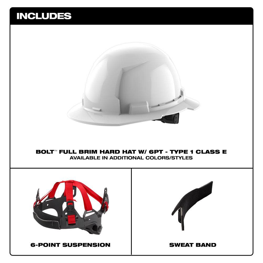 Milwaukee White Full Brim Hard Hat with 6pt Ratcheting