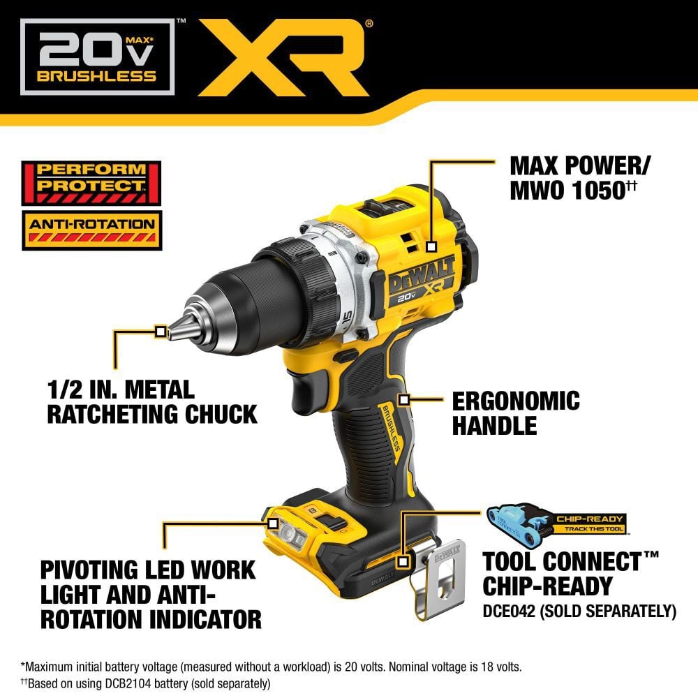 DEWALT 20V MAX XR Brushless Cordless 1/2 Inch Drill/Driver (Bare Tool), large image number 2