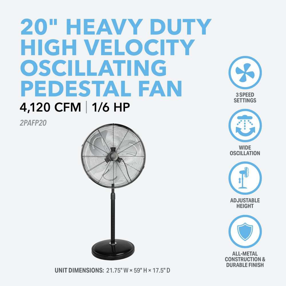 Perfect Aire 20 Inch 2471 CFM Heavy-Duty Pedestal Fan with 3 Speed, large image number 2