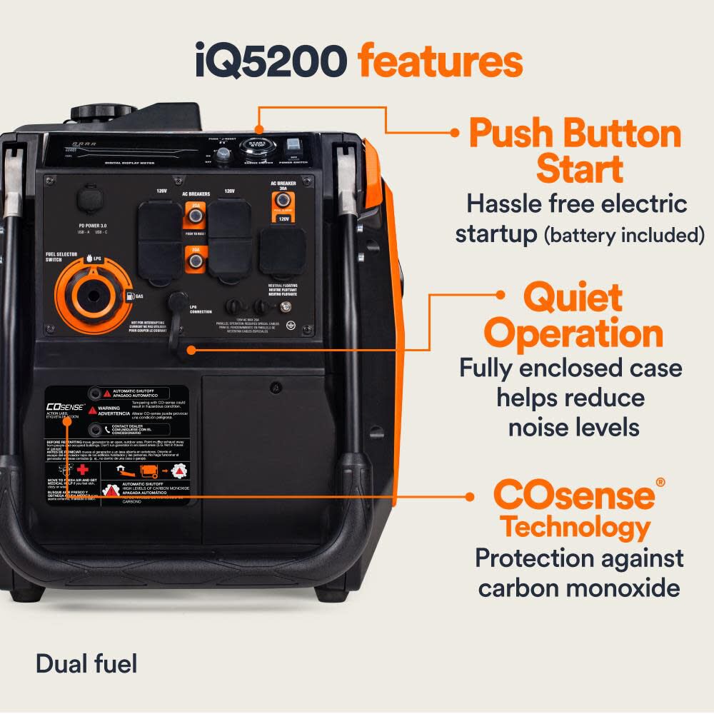 Generac IQ Series 5,200 Watt Dual Fuel 50-State Portable Inverter Generator with COsense Technology, large image number 10