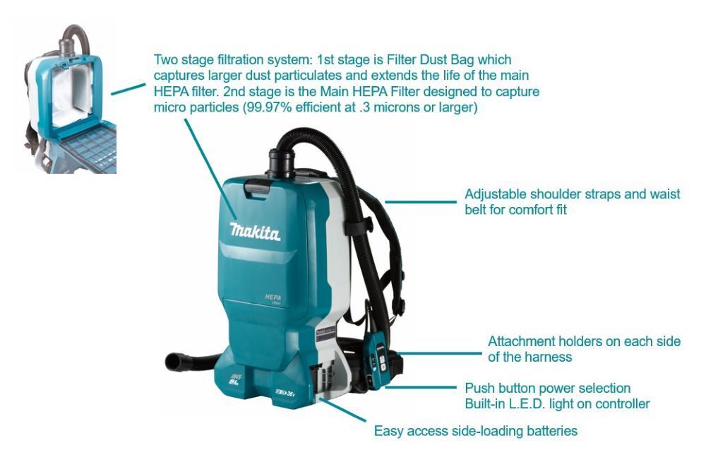 Makita 18V X2 (36V) LXT Backpack Dry Dust Extractor 1.6 Gallon HEPA FilterAWS Capable Cordless (Bare Tool), large image number 2