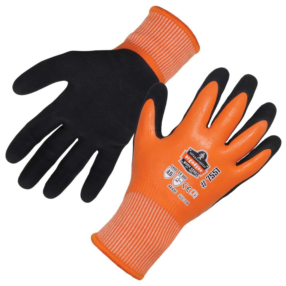 Ergodyne ANSI A5 Coated Waterproof Cut Resistant Gloves, Orange and Black, XL – 17675
