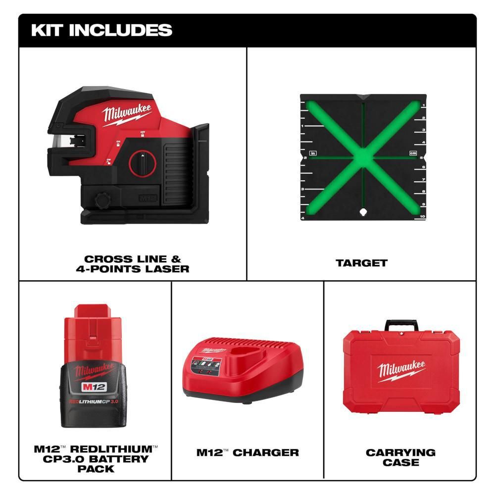 Milwaukee M12 Green Cross Line & 4 Points Laser Kit, large image number 3
