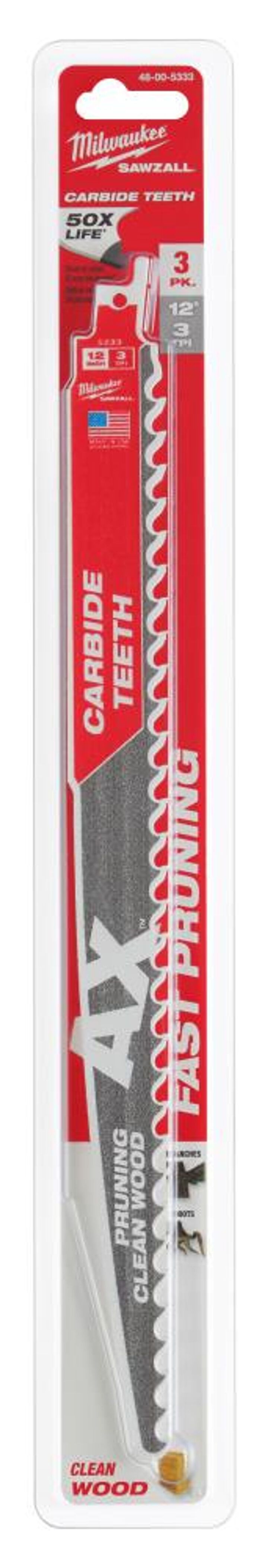 Milwaukee 12inch 3 TPI The AX with Carbide Teeth for Pruning & Clean Wood SAWZALL Blade 3PK, large image number 12