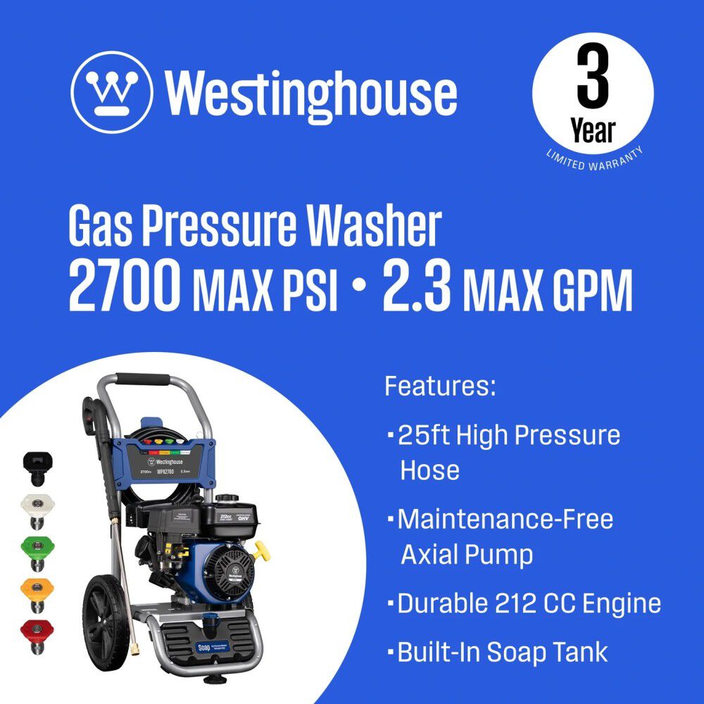 Westinghouse Outdoor Power 2700 PSI 2.3 GPM Gas Powered Cold Water Powered Pressure Washer with 5 Quick Connect Spray Nozzles, large image number 5