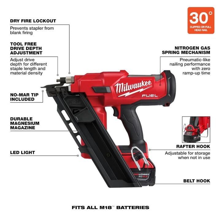 Milwaukee M18 FUEL 30 Degree Framing Nailer Kit, large image number 7
