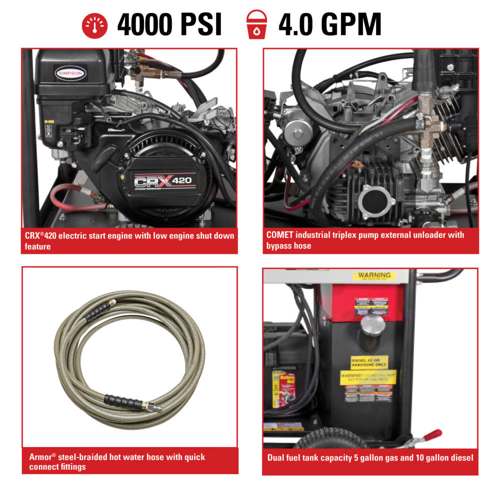 Simpson Big Brute 4000 PSI 4.0 GPM Gas Powered Hot Water Pressure Washer with 4 Spray Tips, large image number 10