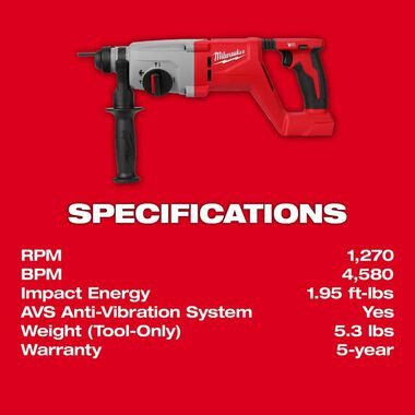 Milwaukee M18 Rotary Hammer 1 SDS Plus D Handle (Bare Tool), large image number 4