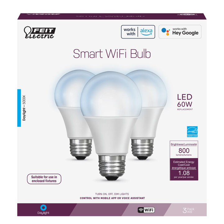 Feit Electric 60W A19 Alexa Google LED Smart WiFi Bulb 3pk, large image number 1