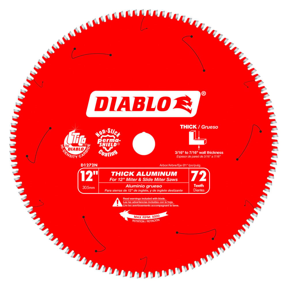 Diablo Tools 12 inch x 72 Tooth TCG Thick Aluminum Cutting Miter Saw Blade with 1 inch Arbor - D1272N